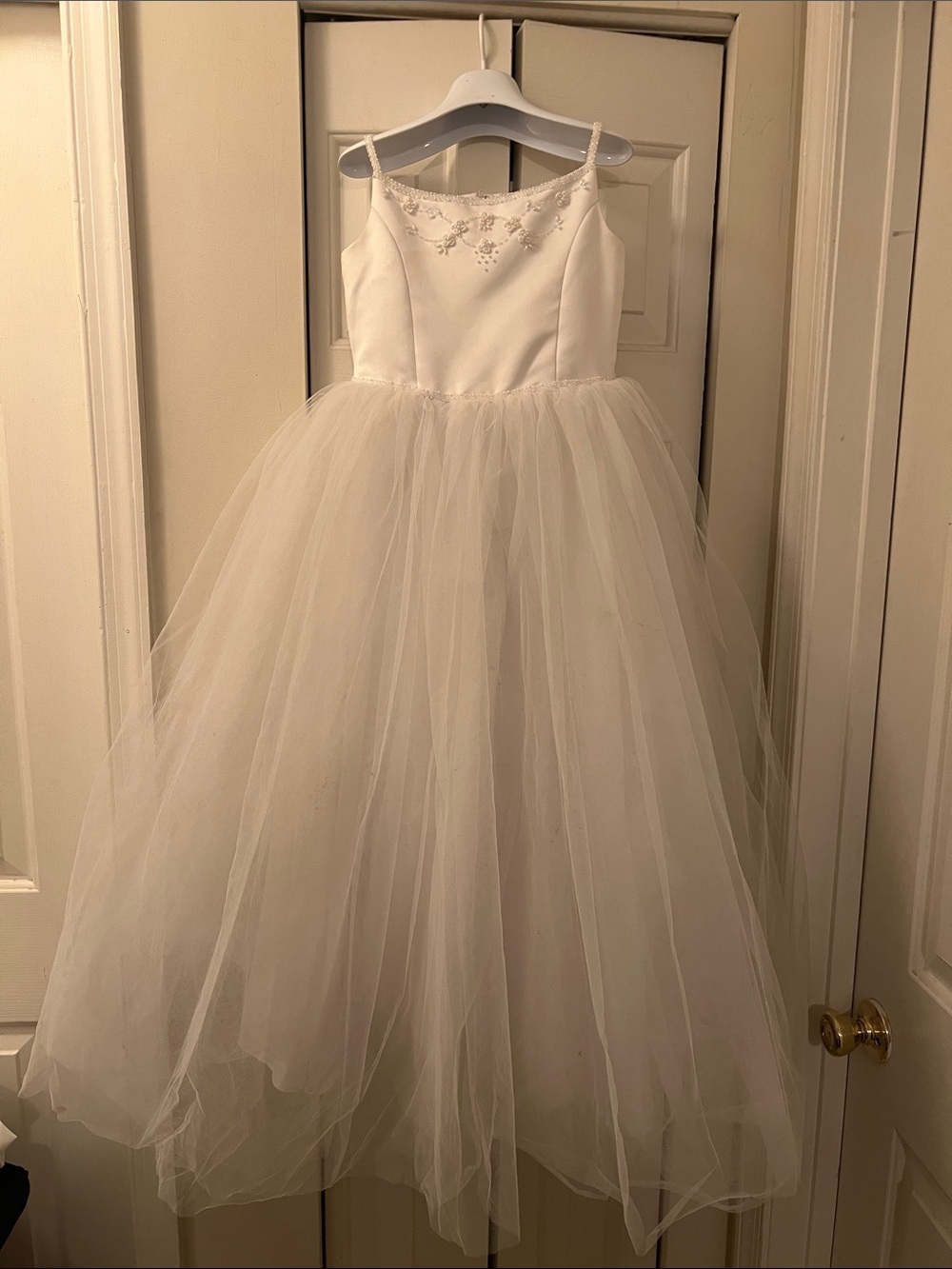 David's Bridal White Tulle Flower Girl Dress with Embroidered Bodice